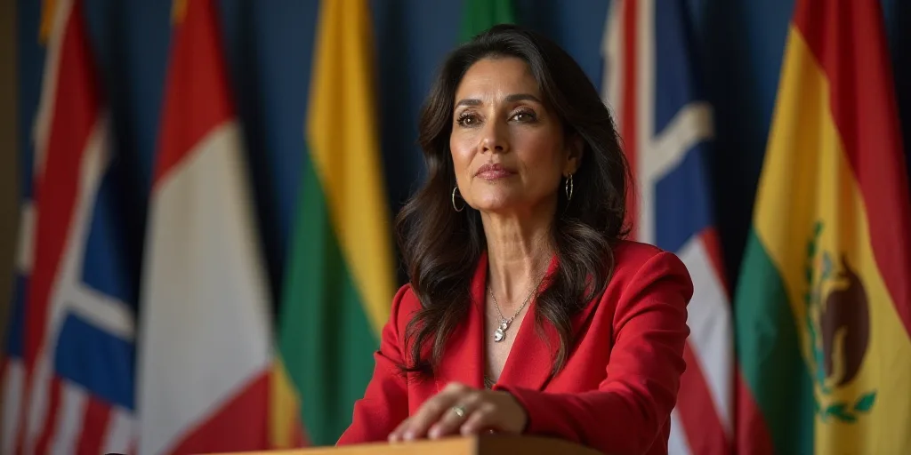 a woman standing at a podium in front of flags and a flag banner behind her is a mexican woman, Arac