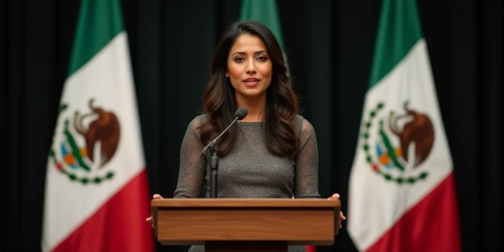 a woman standing at a podium in front of flags of mexico and mexico, with a microphone in front of h