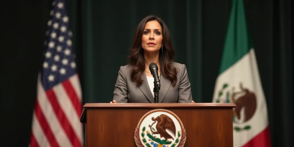 a woman standing at a podium in front of two flags and a microphone in front of her is a picture of