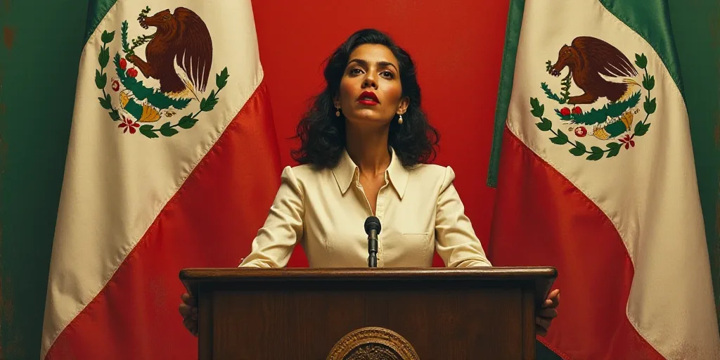 a woman standing at a podium with a flag behind her and a flag behind her behind her and a mexican f