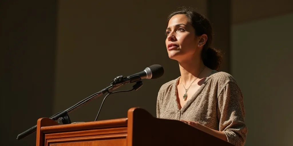 a woman standing at a podium with a microphone in front of her and a microphone in front of her, Eva