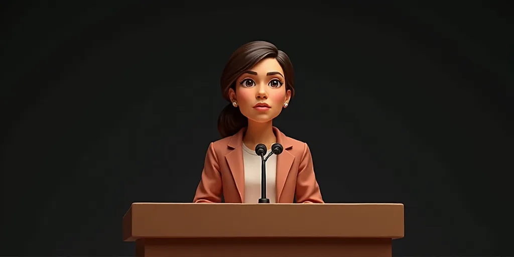 a woman standing at a podium with a microphone in front of her and a microphone in front of her, Eva