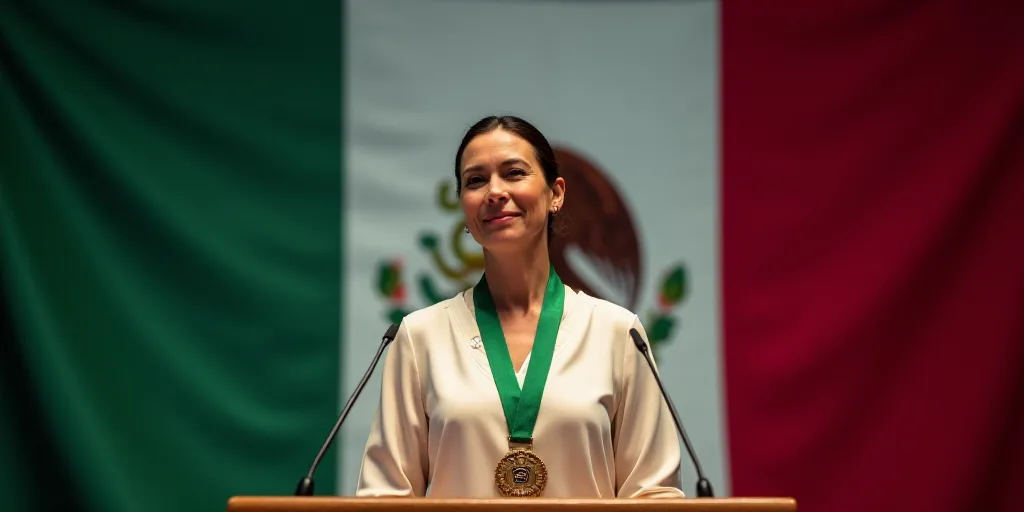 a woman standing at a podium with a medal around her neck and a mexican flag behind her, with a mexi