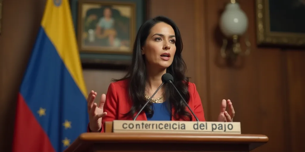 a woman standing at a podium with a microphone in front of her and a sign behind her that says confe