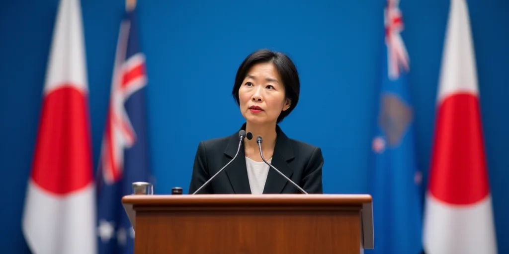 a woman standing at a podium with flags behind her and a microphone in front of her, with a blue bac