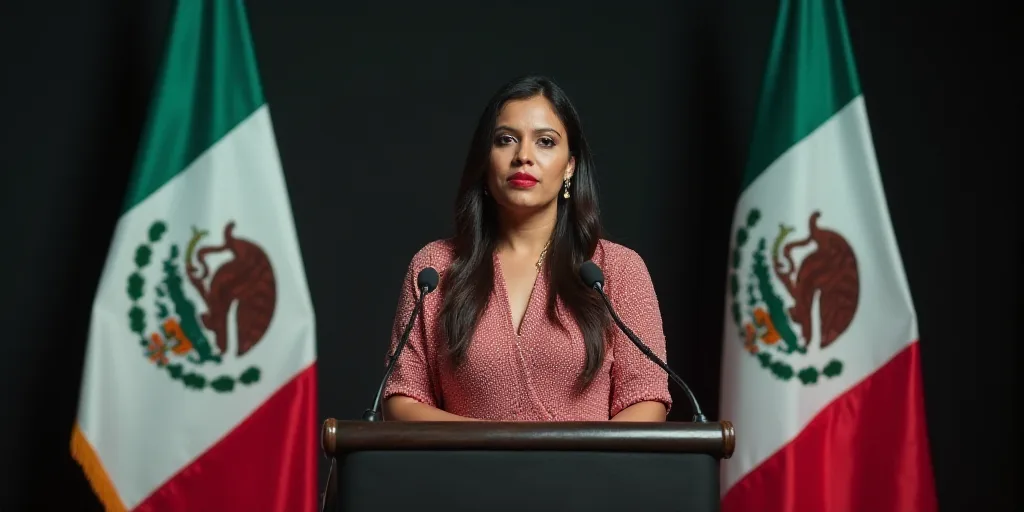 a woman standing at a podium with a flag behind her and a flag behind her and a mexican flag behind