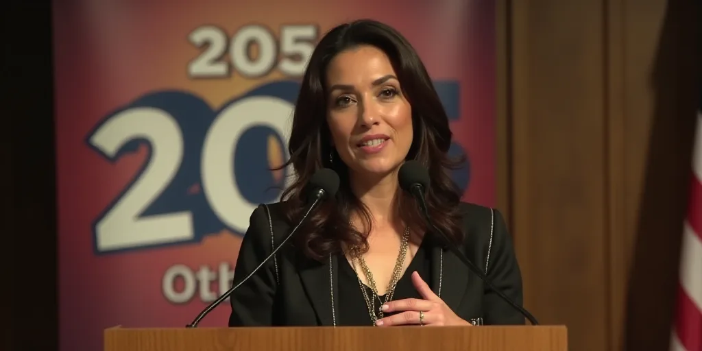 a woman standing at a podium with a microphone in front of her and a banner behind her that says 205