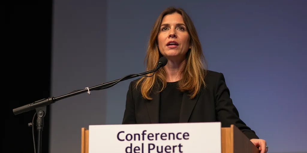 a woman standing at a podium with a microphone in front of her and a sign behind her that says confe
