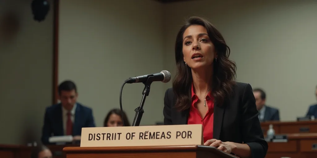 a woman standing at a podium with a microphone in front of her and a sign behind her that says distr