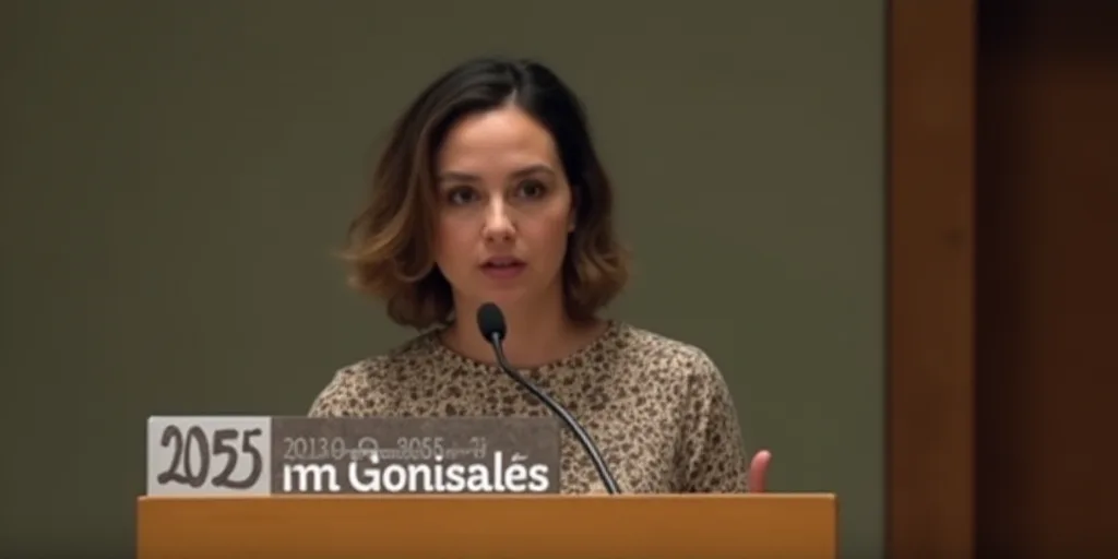 a woman standing at a podium with a microphone in front of her and a sign behind her that says 2055,