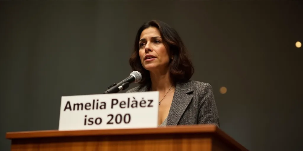 a woman standing at a podium with a microphone in front of her and a sign behind her that says,, Ame