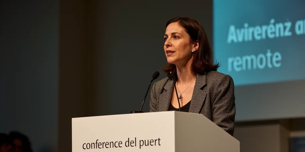 a woman standing at a podium with a microphone in front of her and a sign behind her that says confe