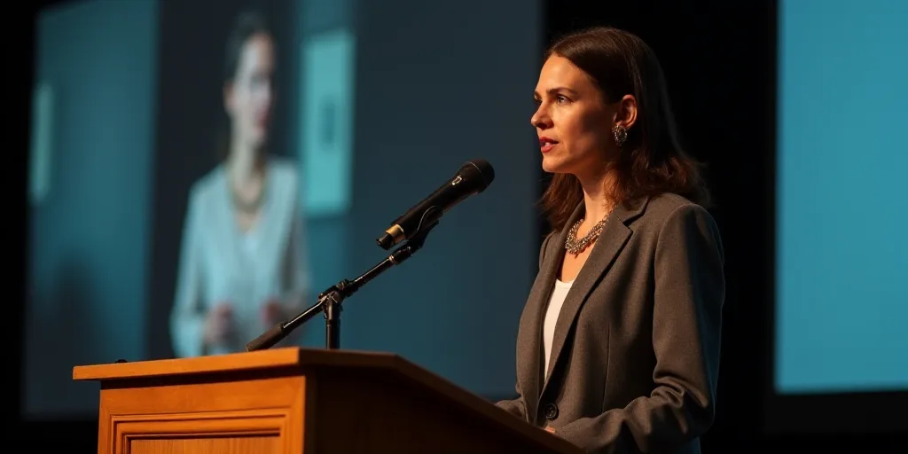a woman standing at a podium with a microphone in front of her and a screen behind her with a pictur