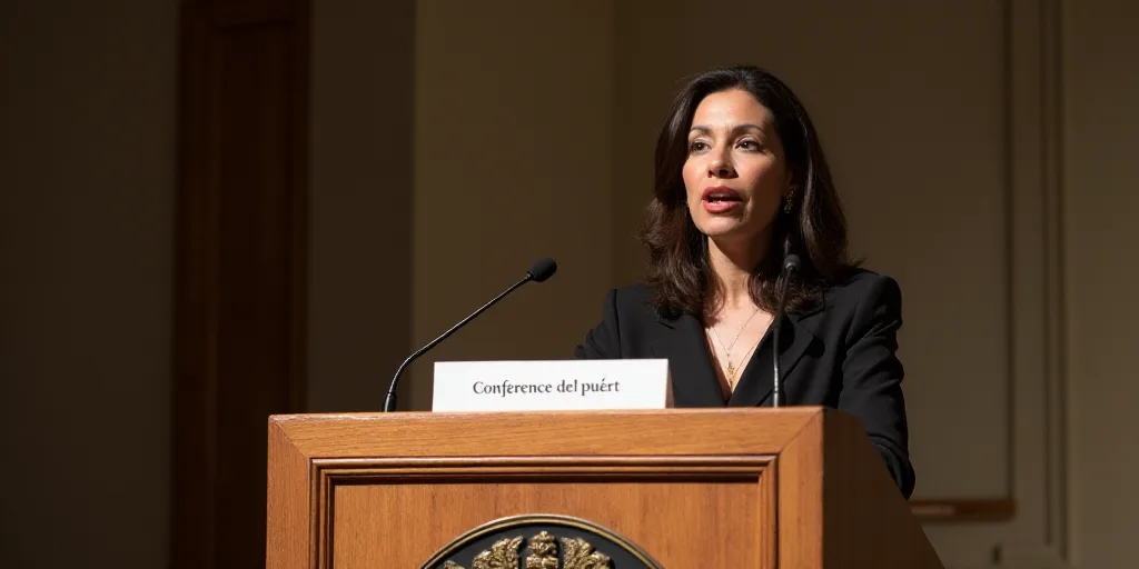 a woman standing at a podium with a microphone in front of her and a sign behind her that says confe