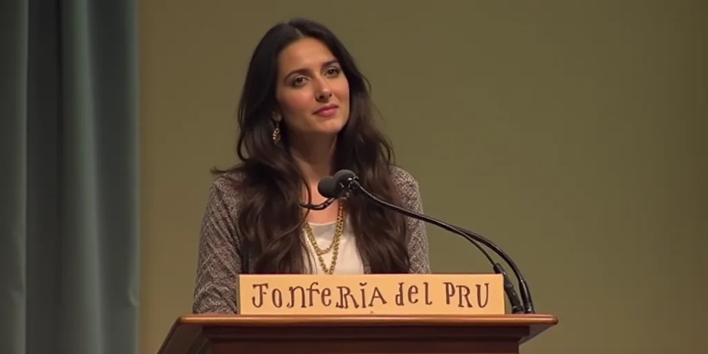 a woman standing at a podium with a microphone in front of her and a sign behind her that says confe