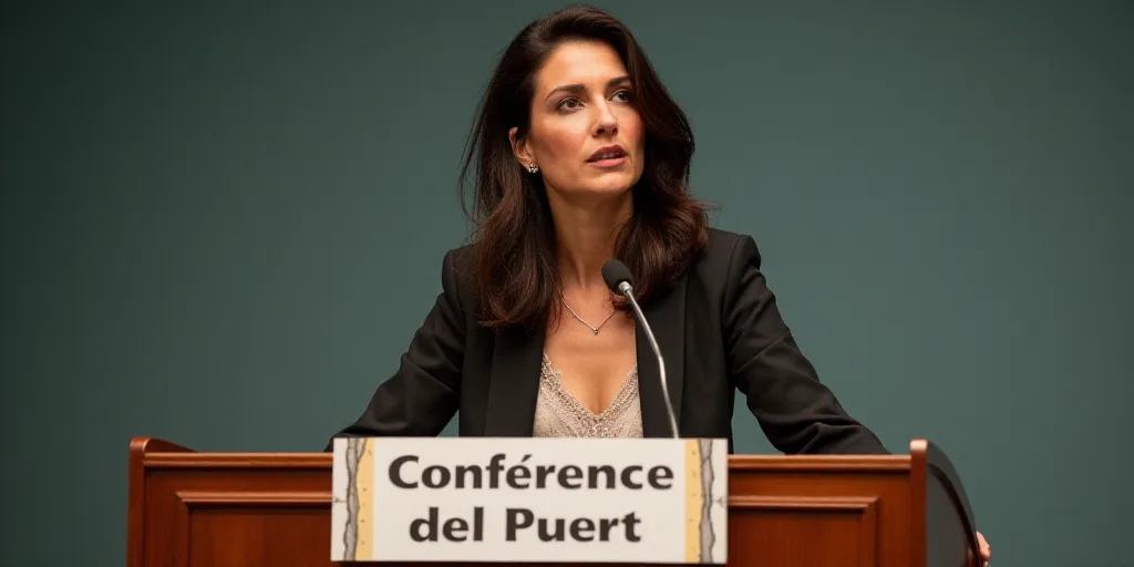 a woman standing at a podium with a microphone in front of her and a sign behind her that says confe