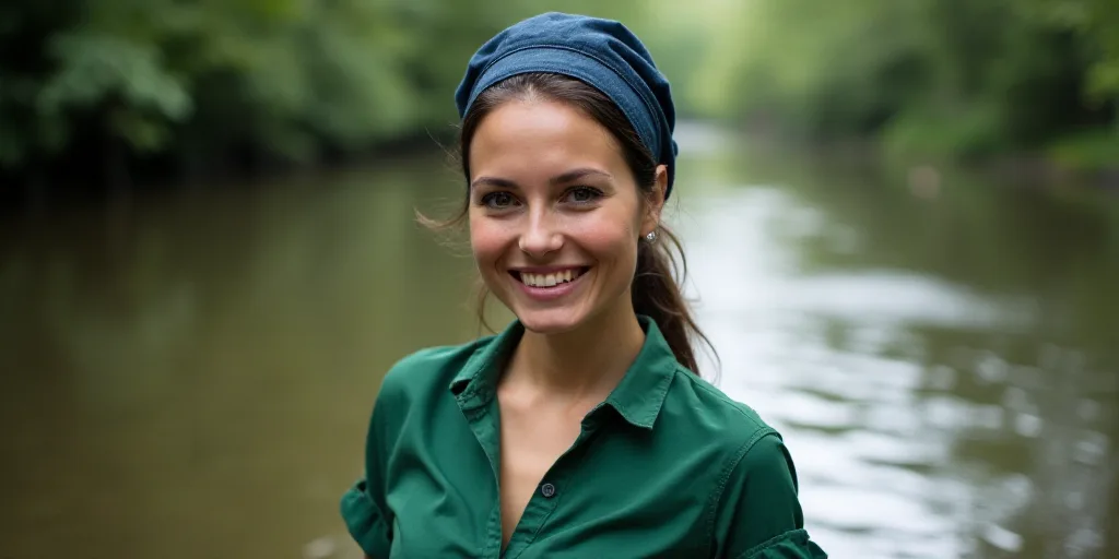 a woman standing in a river with a smile on her face and a green shirt on her shoulders and a blue s