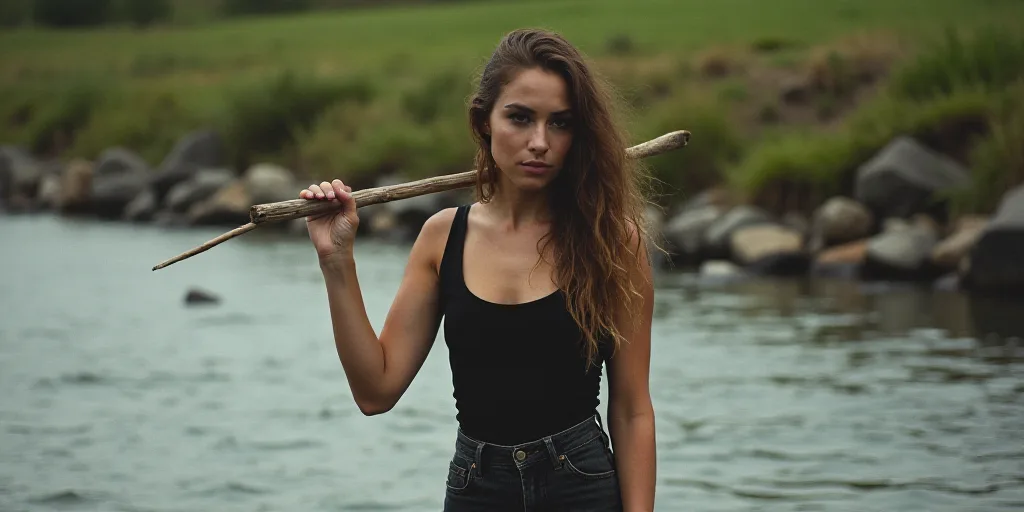 a woman standing in a river with a stick in her face and a riverbank in the background with rocks an