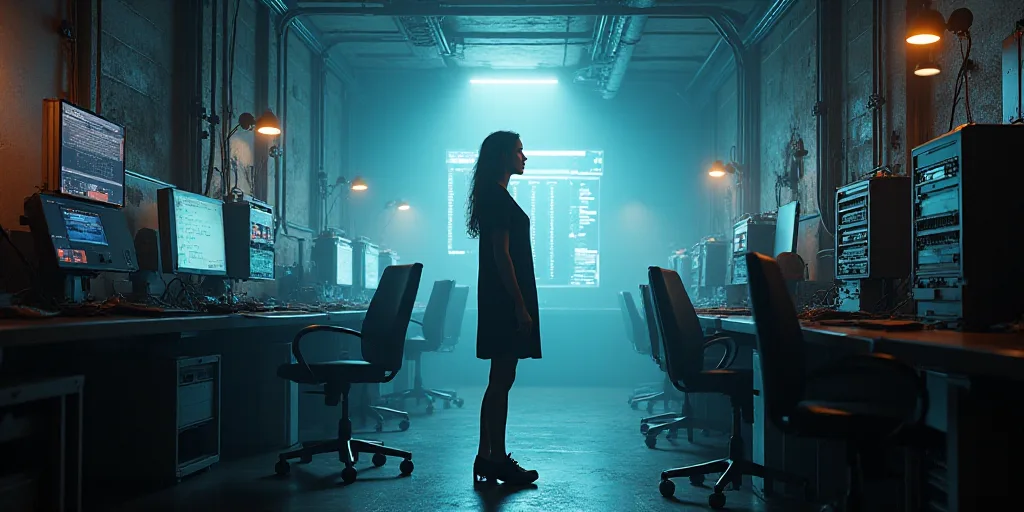 a woman standing in a room filled with lots of computer equipment and wires in it's walls and a woma