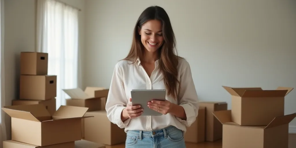 a woman standing in a room with boxes and boxes around her and a tablet in her hands, smiling, Andri