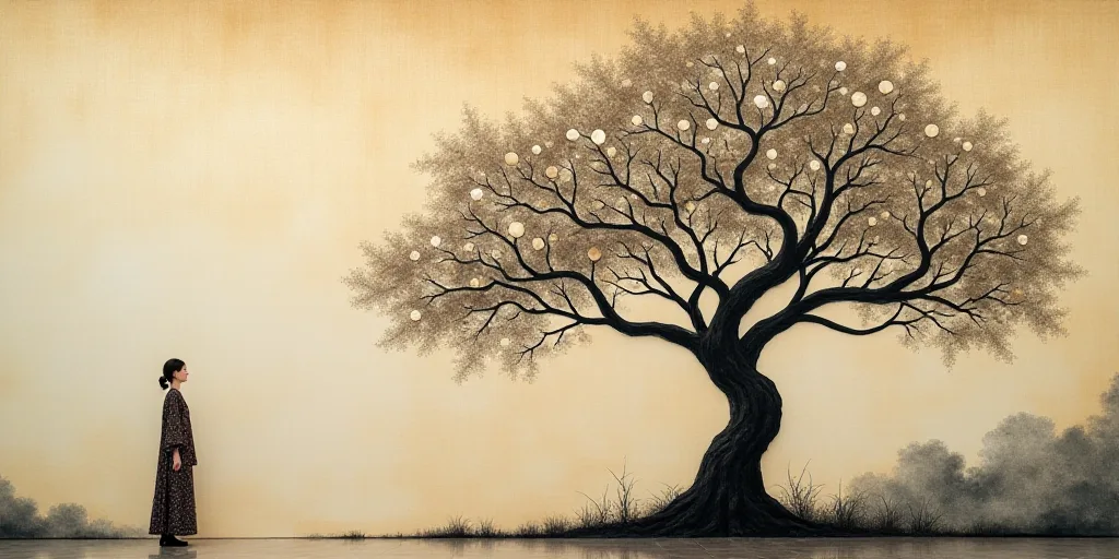a woman standing in front of a wall with a tree made of metal discs on it's side, Chen Lu, intricate