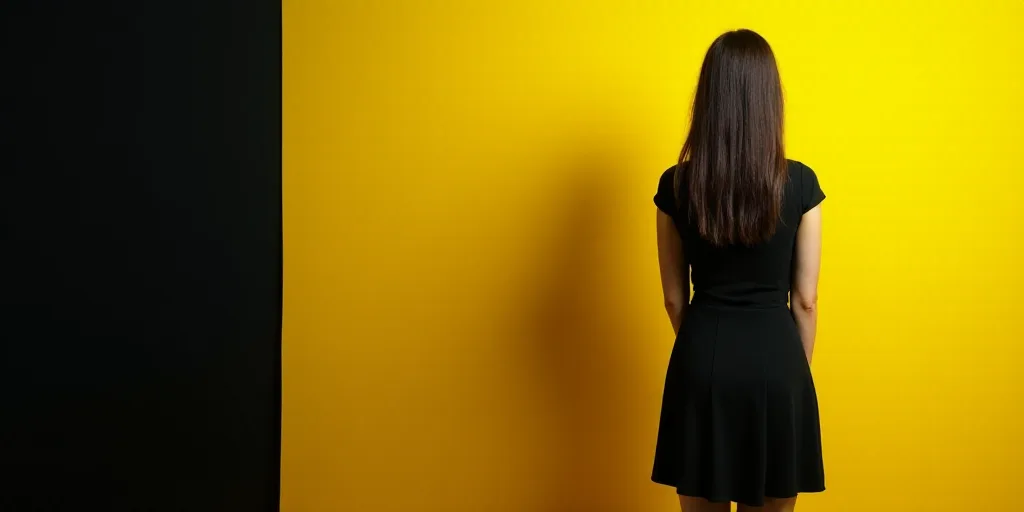 a woman standing in front of a black and yellow background with a yellow and black background and a