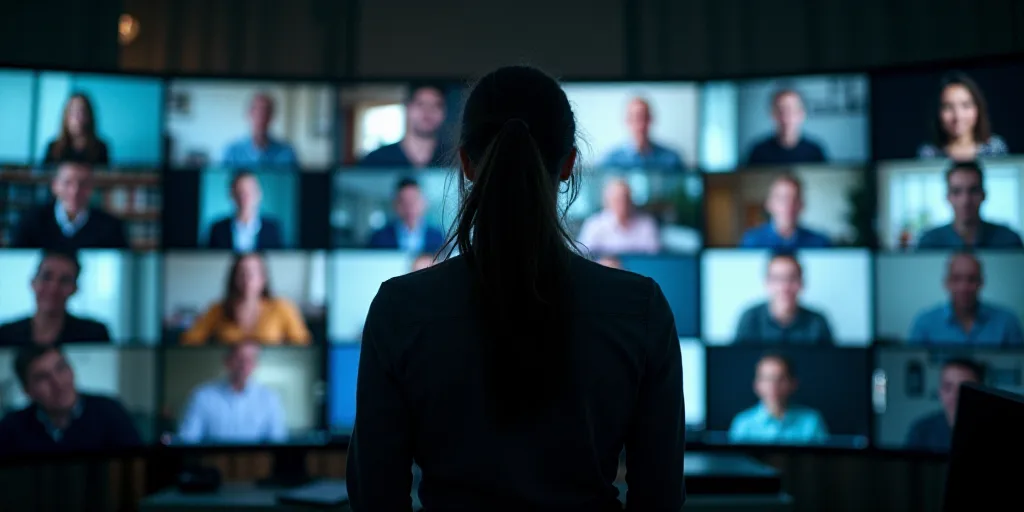 a woman standing in front of a computer screen with people on it and a man standing in front of the