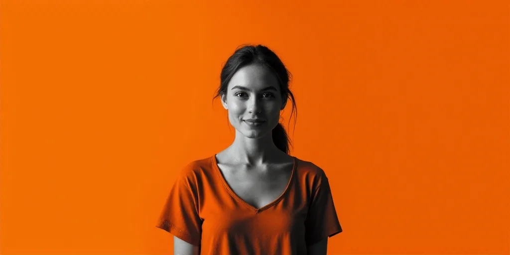 a woman standing in front of an orange background with a black and white photo of her and the words