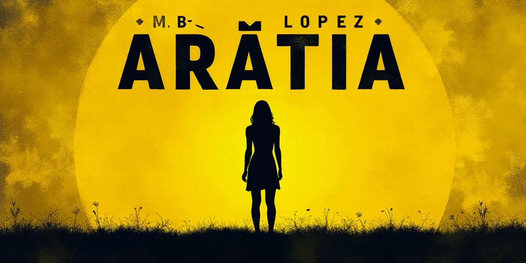 a woman standing in front of a yellow and black background with the words mercedess lopez aratia, Am