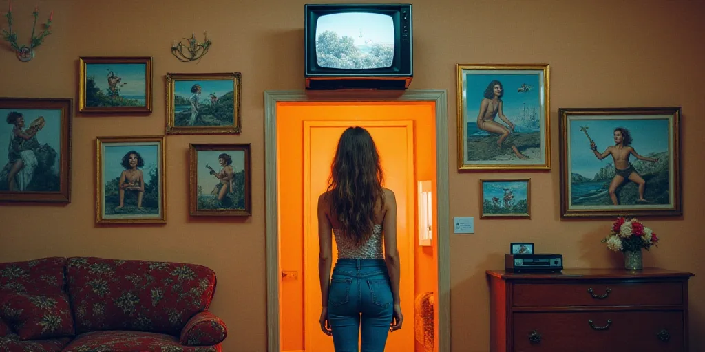 a woman standing in front of a wall with pictures on it and a tv on the wall above her, Drew Struzan