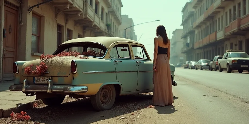 a woman standing next to a broken down car in a city street with flowers growing on the side of the