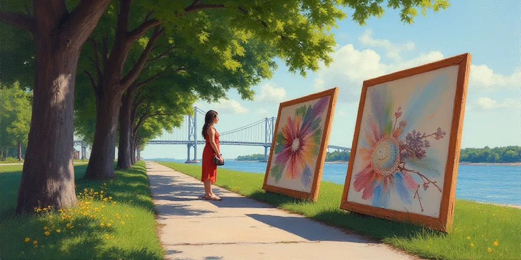 a woman standing next to two paintings on a tree lined sidewalk near a lake and a bridge in the back