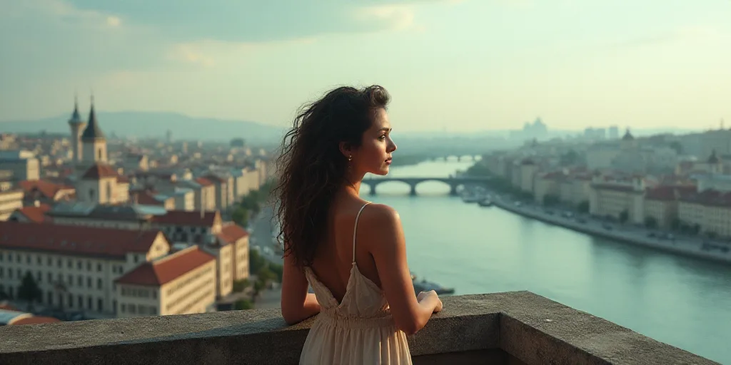 a woman standing on a balcony overlooking a city and a river with buildings in the background and a