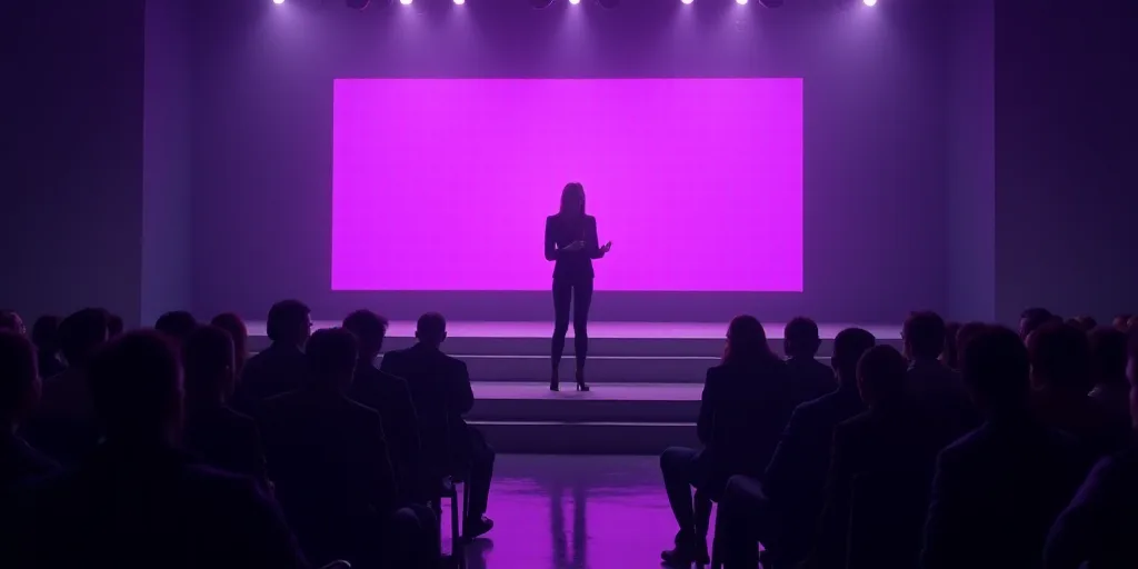 a woman standing on a stage speaking to a crowd of people at a conference or conference hall with a