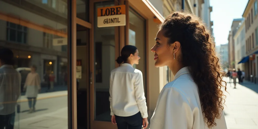 a woman standing outside of a store with a sign above her head that says, sbb, and a woman in a whit