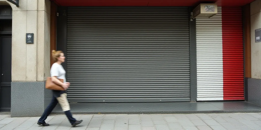a woman walking down a street past a closed door of a store with a red and white stripe on the side