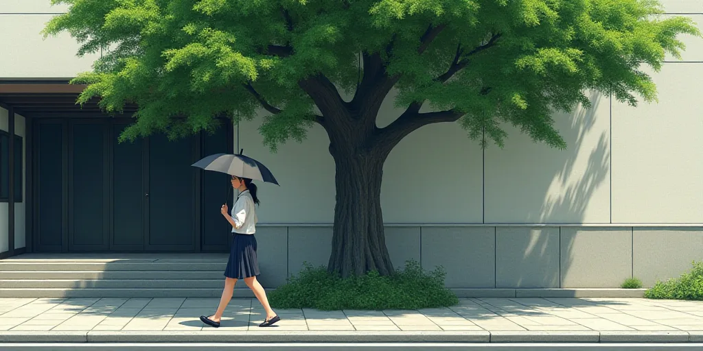 a woman walking down a street holding an umbrella in front of a building with a large stone wall and