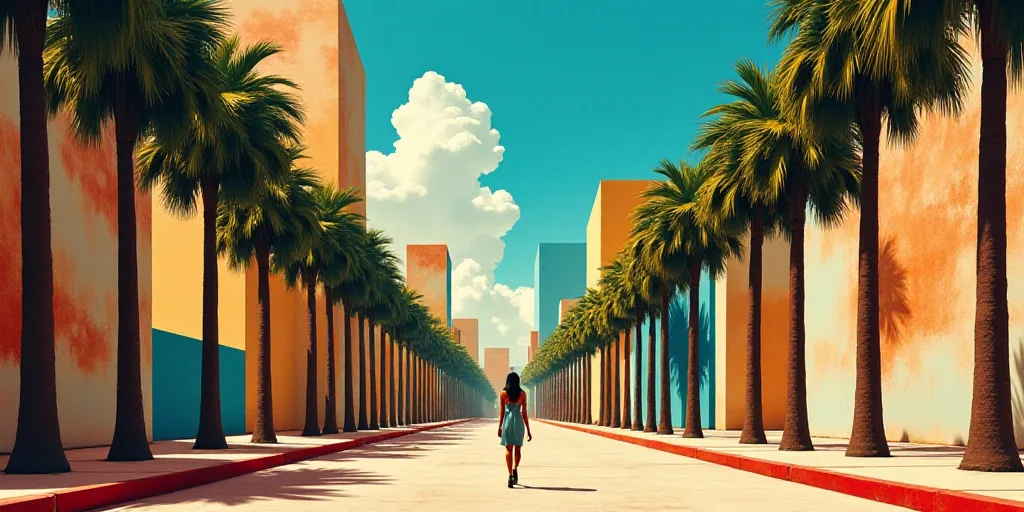 a woman walking down a street past tall buildings with palm trees in the foreground and a blue sky,