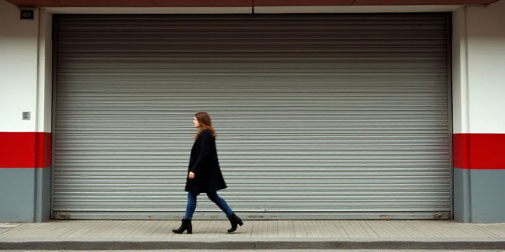 a woman walking down a street past a closed door of a store with a red and white stripe on the side