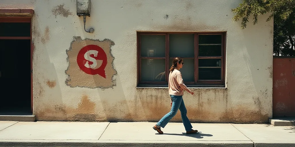 a woman walking past a building with a sign on it's side and a woman walking past it, Carlos Saenz d