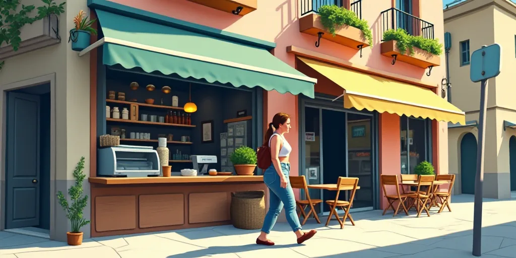 a woman walking past a sign for a coffee shop in a city area of a city, with a woman walking past it
