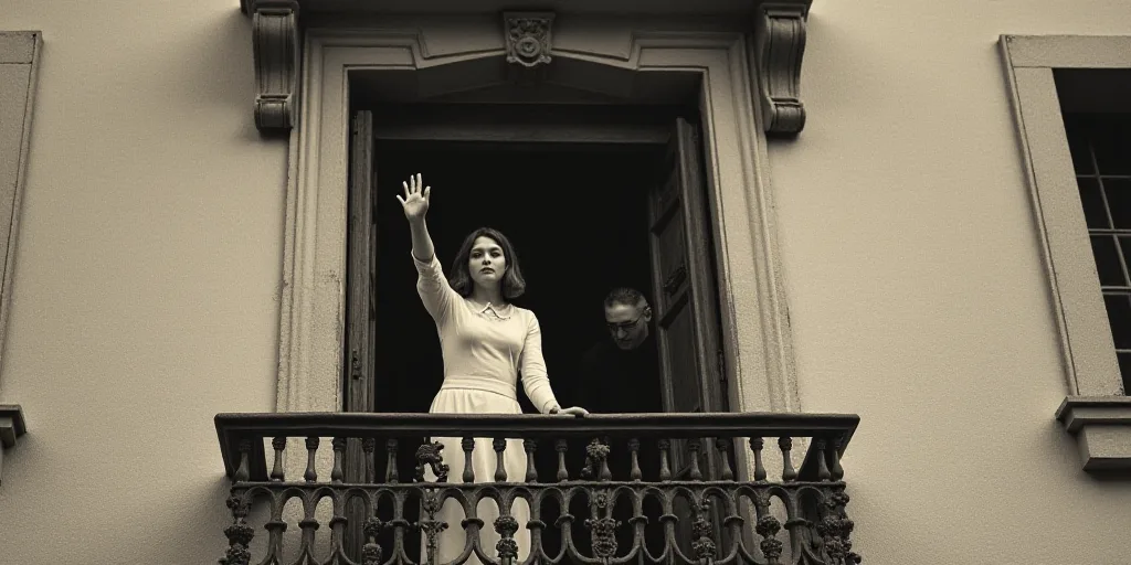 a woman waving from a balcony of a building with a balcony railing and a man standing on the balcony