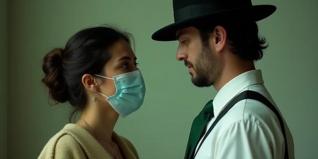a woman wearing a face mask talking to a man in a white shirt and black hat and a green ribbon, Fay