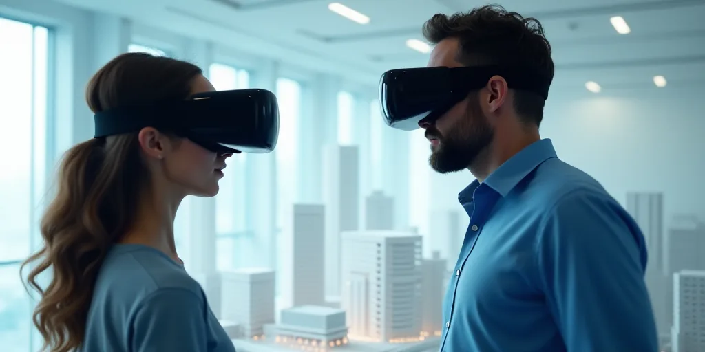 a woman wearing a virtual headset and a man in a blue shirt are looking at a model of a building, Be