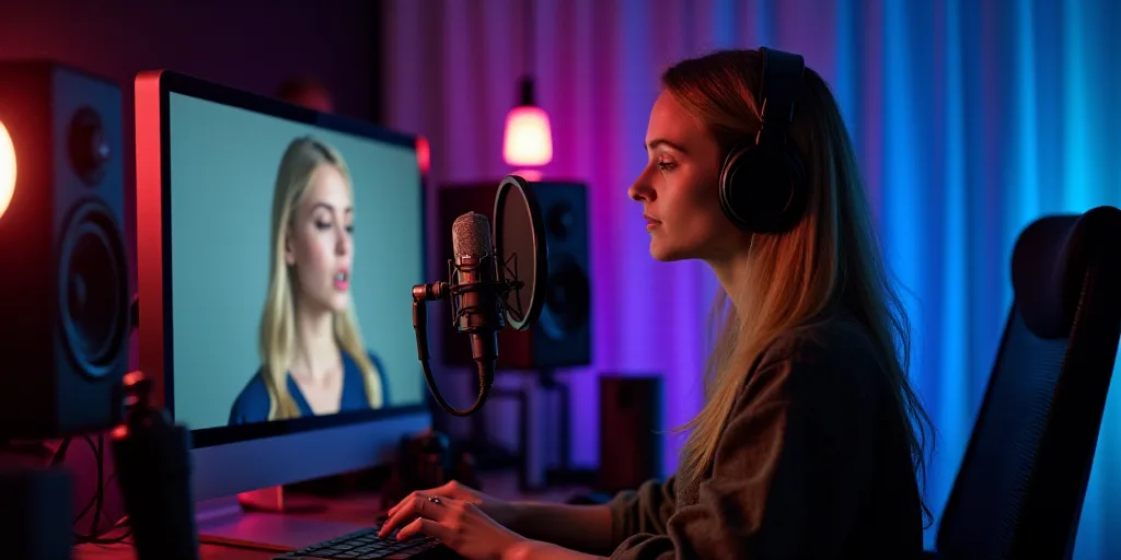 a woman wearing headphones is recording a video on a computer screen and recording a song on a micro