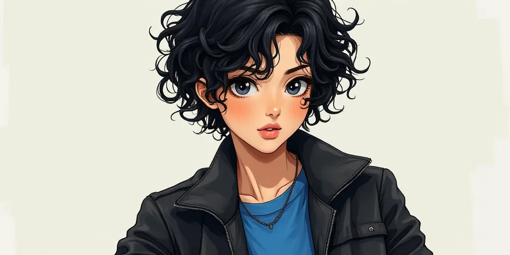 a woman with a black jacket and a curly haircut and a blue shirt is posing for a picture, Chen Lu, y