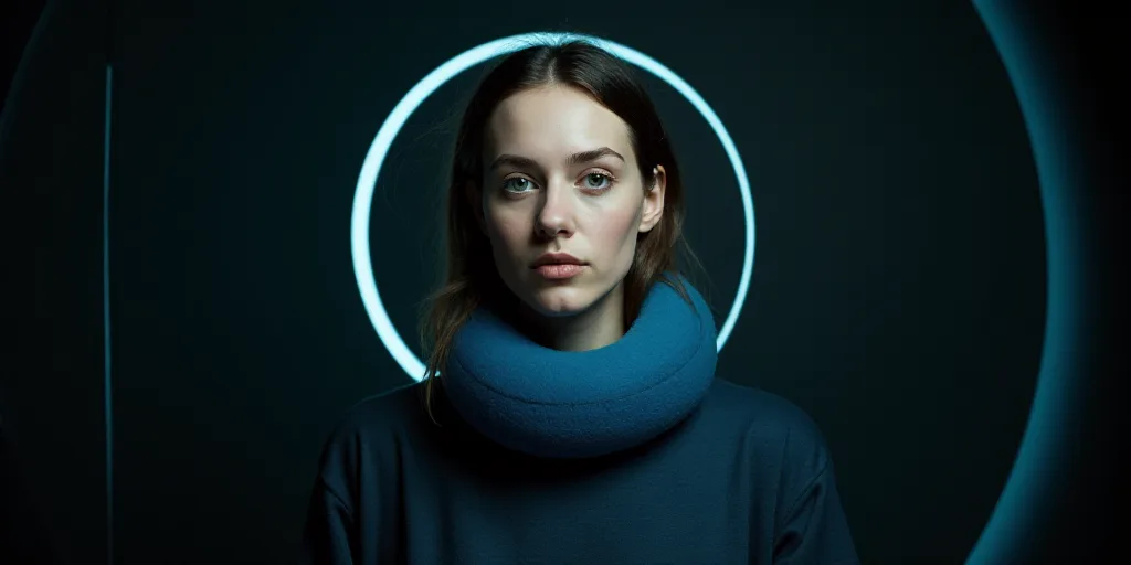 a woman with a blue circle around her neck and a black background with a white circle around her nec