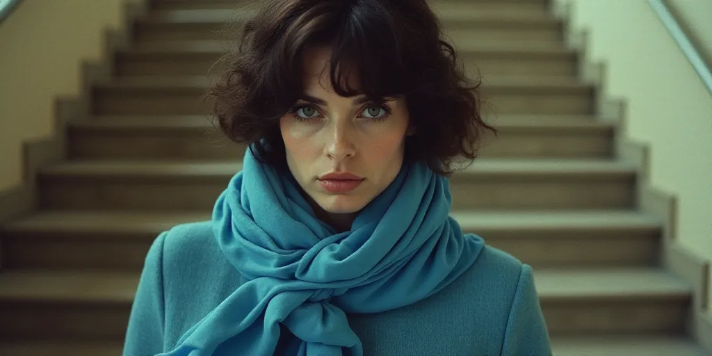 a woman with a blue scarf is walking down a stair case with a blue scarf on her neck and a blue scar