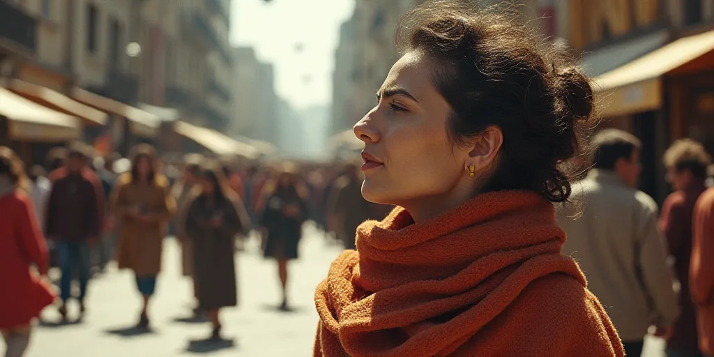 a woman with a scarf around her neck and a crowd of people walking down a street in the background,