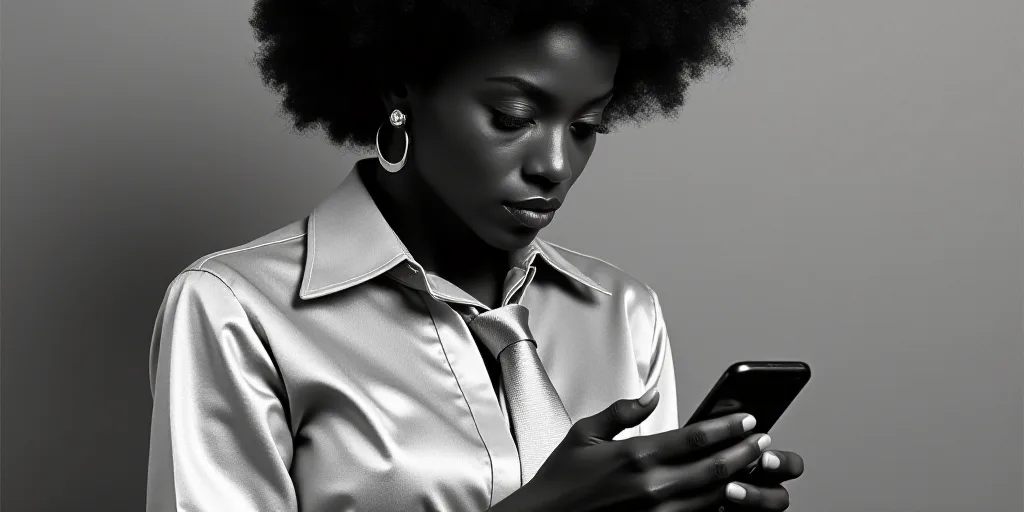 a woman with a tie around her neck looking down at her cell phone while wearing a silver shirt and a